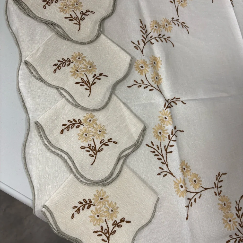 Vintage Embroidered Floral Tablecloth and Napkin Set